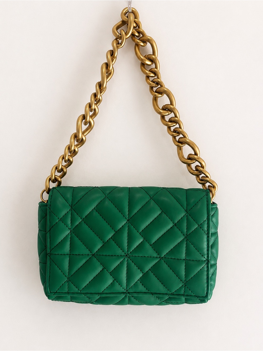Zara Green Quilted Shoulder Bag with Gold Chain